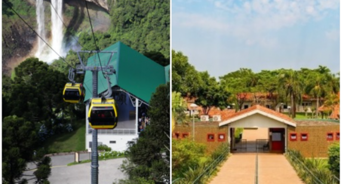 À esquerda, os Bondinhos de Canela, com a cachoeira do Caracol ao fundo; à direita, a entrada do Ecomuseu da Turismo Itaipu, uma das atrações locais